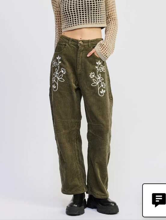 Pants - NWT Jacquie The Label SYLVIE Embroidered Barrel-leg Corduroy Olive